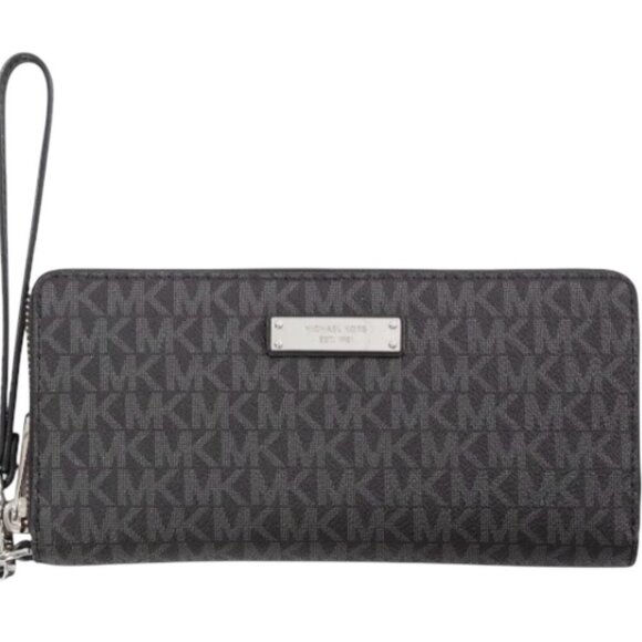 Michael Kors Jet Set Continental Wallet Signature Black Grey Handle Zip Leather - Picture 1 of 11